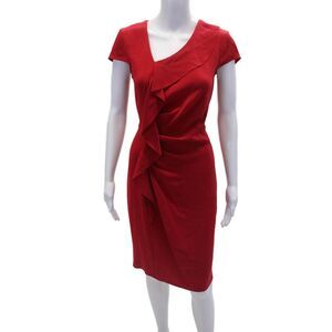 Luisa Cerano Womens Ruffle Trim V-Neck Short Sleeve Mid-Calf Dress Red Size S